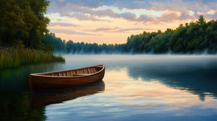 Naklejka na meble Serene Morning Mist over Calm Lake with Wooden Boat