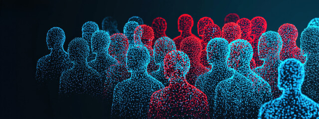 Poster - Abstract 3D Representation of Crowd with Fragmented Mesh in Red and Blue Digital Colors