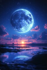 Poster - Luminous Blue Moon Over Coastal Sunset: A Dreamlike Pixel Art Landscape