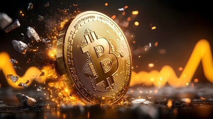 Aufkleber - Collapsing Golden Bitcoin Coin with Red Downward Trend Lines Symbolizing Cryptocurrency Financial Instability and Economic Crisis Background  Digital Currency Investment and Trading Concept
