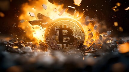 Dramatic visualization of the cryptocurrency downfall with a sinking golden Bitcoin surrounded by bearish financial trends symbolizing the market s dramatic decline and turbulent economic conditions