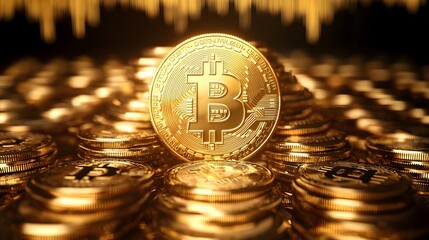 Fototapete - Golden Bitcoin Pyramid with Futuristic Digital Backdrop Symbolizing Cryptocurrency Wealth Accumulation and Investment Strategy