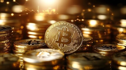 Aufkleber - Stacked metallic Bitcoin coins with a shiny gleaming appearance and abstract blockchain connections symbolizing the decentralized