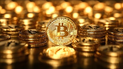 Poster - Glowing stacks of golden Bitcoin cryptocurrency coins against a financial market background representing investment opportunities and economic growth in the digital asset space