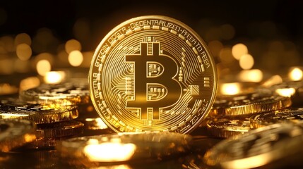 Fototapete - Glowing Bitcoin Stacks with Global Financial Market Elements Representing Investment in Cryptocurrency Background Economic Growth  Digital currency blockchain technology