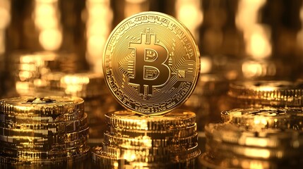 Fototapete - Dominant Digital Gold Towering Bitcoin Coins Set Against a High Tech Digital Background Showcasing the Growing Dominance and Innovation of Cryptocurrency in the Financial Landscape