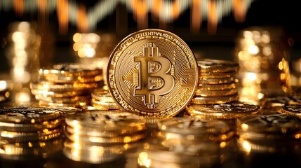 Poster - Elegant Bitcoin coin stacks with soft lighting and a global financial chart overlay symbolizing the growth and stability of digital wealth and the flourishing cryptocurrency economy