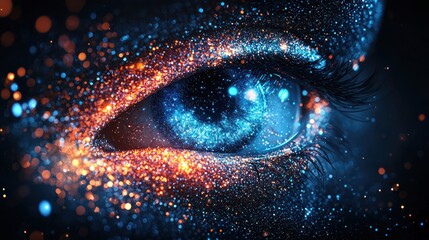 Wall Mural - luminous eye: a symphony of blue and orange particles