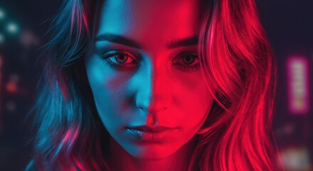 Wall Mural - Young caucasian female in neon lighting with intense expression