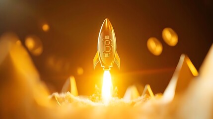 Poster - A Bitcoin rocket rapidly ascending through the sky aiming towards the towering mountain peaks in the distance