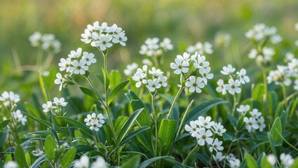 Wall Mural - White flowers blooming in a grassy meadow during spring