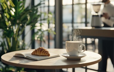 Wall Mural - Warm Morning Coffee and Croissant at a Cozy Cafe