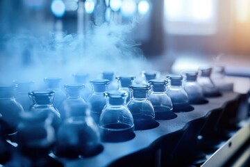 Poster - Laboratory glassware with steam during chemical experiments in a modern research facility