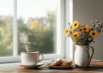 Wall Mural - Warm Morning Sunlight Illuminates a Cozy Table Setting with Coffee, Pastries, and a Bouquet of Yellow Flowers