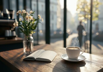 Wall Mural - Warm Sunlight Illuminates Cozy Cafe Scene with Coffee, Book, and Flowers