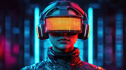 Poster - Woman Wearing Futuristic Vr Headset in a Neon Lit Cyberpunk Setting