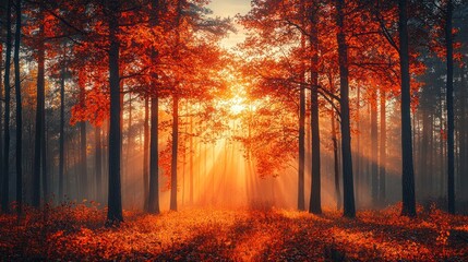 Poster - Magical Autumn Forest Path at Sunset with Golden Sunlight Rays