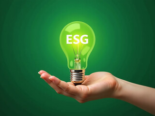 Poster - A Hand Holds A Light Bulb With An Esg Icon On A Green Background To Represent Sustainability And Ethics In Business Networking. 00003