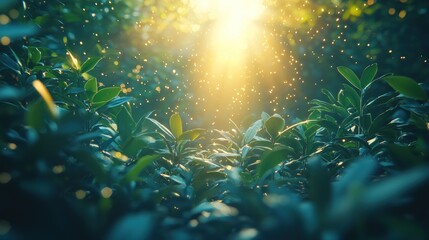 Poster - Magical Forest with Sunlit Leaves and Sparkling Particles