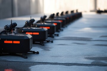 Poster - Advanced projectors lined up during a technology exhibition in a modern urban environment