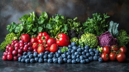 Sticker - Vibrant assortment of fresh fruits and vegetables arranged artistically on a dark background