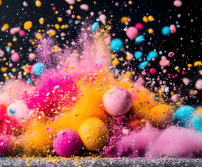 Aufkleber - Colorful explosion of powders and spheres, creating a vibrant and dynamic visual effect