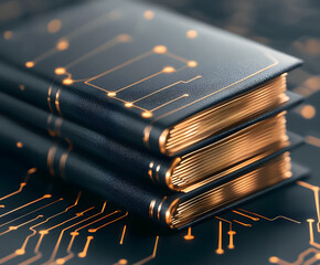 Aufkleber - Stack of sleek black notebooks with golden edges against a tech-inspired background