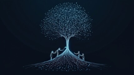 Poster - Ethereal Tree with Glowing Roots and Figures Representing Connection and Growth in a Dark Background