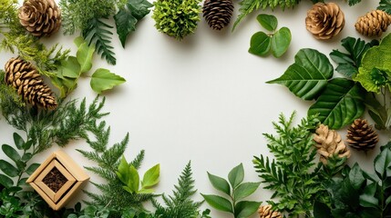 Wall Mural - A vibrant arrangement of various green leaves, pinecones, and natural elements on a light background