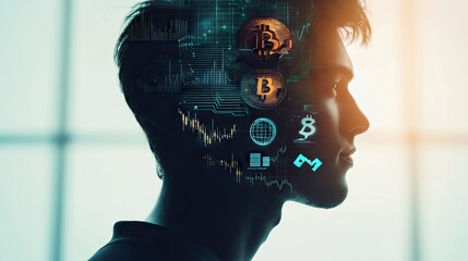 Poster - Silhouette of a man with Bitcoin icons, stock market graphs, and savings symbols inside his head.