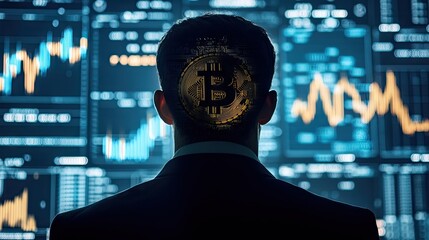 Poster - Silhouette of a man with financial symbols like Bitcoin, savings jars, and business graphs in his mind.