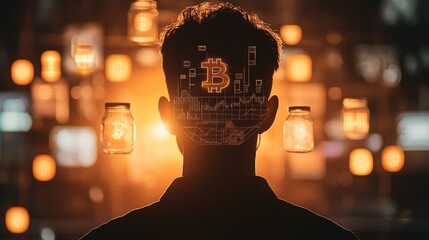 Poster - Silhouette of a man with financial symbols like Bitcoin, savings jars, and business graphs in his mind.
