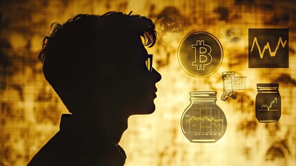 Poster - Silhouette of a man with financial symbols like Bitcoin, savings jars, and business graphs in his mind.
