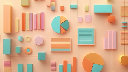 Poster - Top view of financial paperwork featuring colorful bar graphs, pie charts, and analytics in pastel tones.