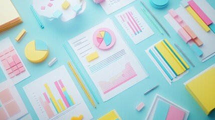 Poster - Top view of financial paperwork featuring colorful bar graphs, pie charts, and analytics in pastel tones.