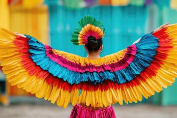 Vibrant Colorful Mexican Traditional Costume Wings Woman Back View