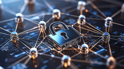 Aufkleber - 3D holographic lock icon is surrounded by interconnected nodes, symbolizing digital security and data protection. image conveys sense of safety in networked environment