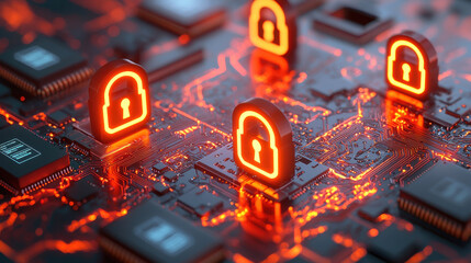 Aufkleber - conceptual representation of cybersecurity infrastructure featuring glowing padlocks on circuit board, symbolizing data protection and digital security