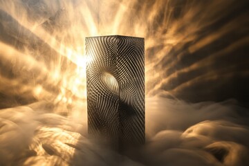 Poster - Unique cylindrical structure surrounded by dramatic light and fog in a surreal environment