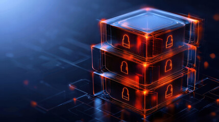 Aufkleber - sleek abstract representation of cybersecurity featuring stacked data blocks with padlock symbols, illuminated in blue and orange tones, conveying sense of security and technology
