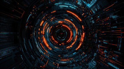 Aufkleber - abstract artistic design featuring layers of cyber elements, glowing orange and blue lights, and intricate patterns. This digital artwork evokes sense of depth and technology