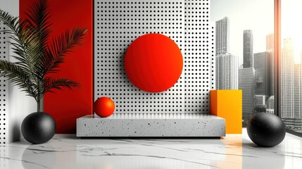 Fototapete - Modern Minimalist Interior with Bold Orange Circle and Geometric Pattern