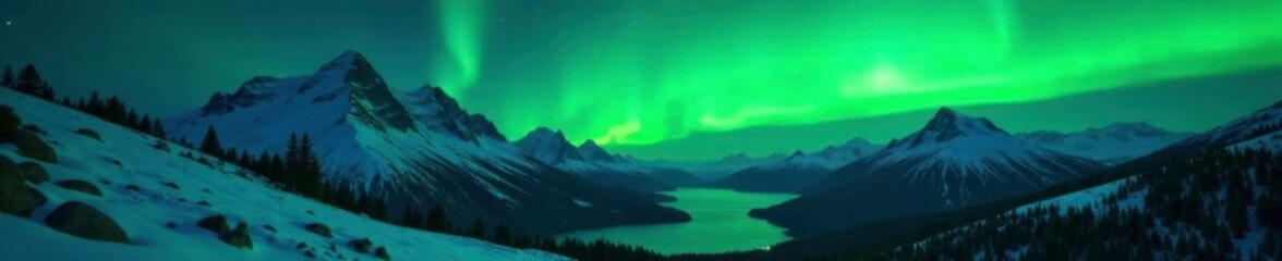 Wall Mural - Glowing green lights illuminate mountain slope, northern lights, idyllic, natural light