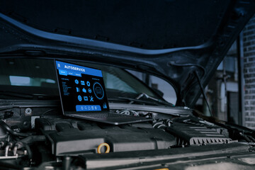 Aufkleber - Laptop on car engine displaying automotive diagnostic software for autoservice, showcasing modern tools used in vehicle repair and maintenance technology