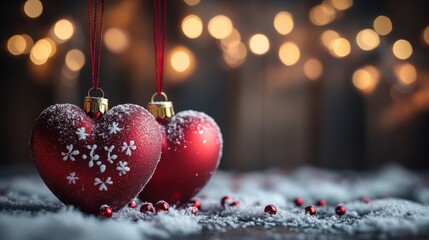 Wall Mural - Red heart-shaped ornaments dusted with snow, hanging against a softly lit festive background