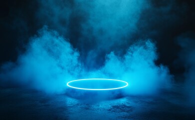 Poster - Abstract podium setup with blue neon light and smoke for modern product showcase in a dark environment