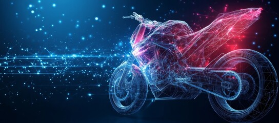 Poster - Glowing wireframe motorcycle in motion against a dark blue starry backdrop illustrates modern abstract art