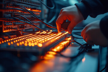 Poster - Hands connecting fiber optic cables for internet testing
