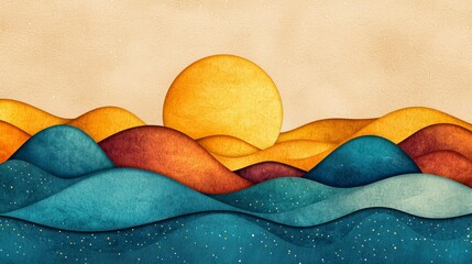 Poster - Abstract Colorful Landscape with Sun Setting Over Blue and Orange Hills in Artistic Paper Texture Style