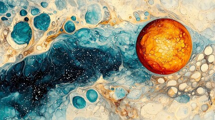 Poster - Abstract Cosmic Scene with Colorful Sphere and Fluid Patterns in Blue and Orange Tones for Artistic Backgrounds